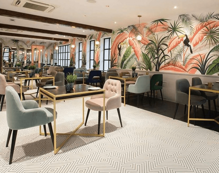 Toucan mural and patterned floor